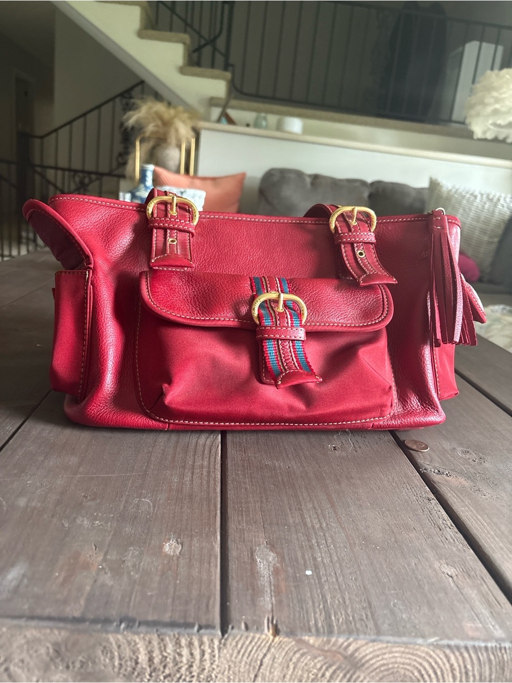Red Leather Shoulder Bag with Buckle Detail